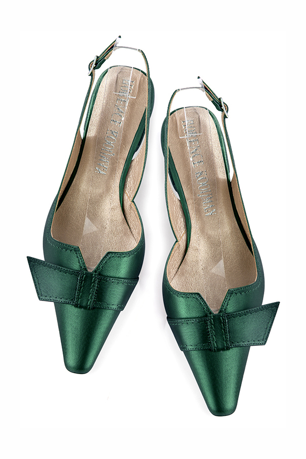 Emerald green women's open back shoes, with a knot. Tapered toe. Low block heels. Top view - Florence KOOIJMAN